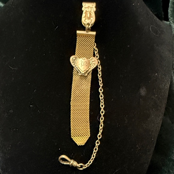Antique Gold-Tone Mesh Fob with Heart Slide and Safety Chain